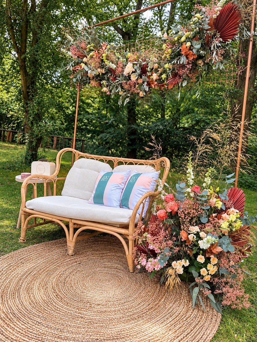 Bruiloftsstyling met rotan bank en rijk bloemwerk door Hosman Utrecht