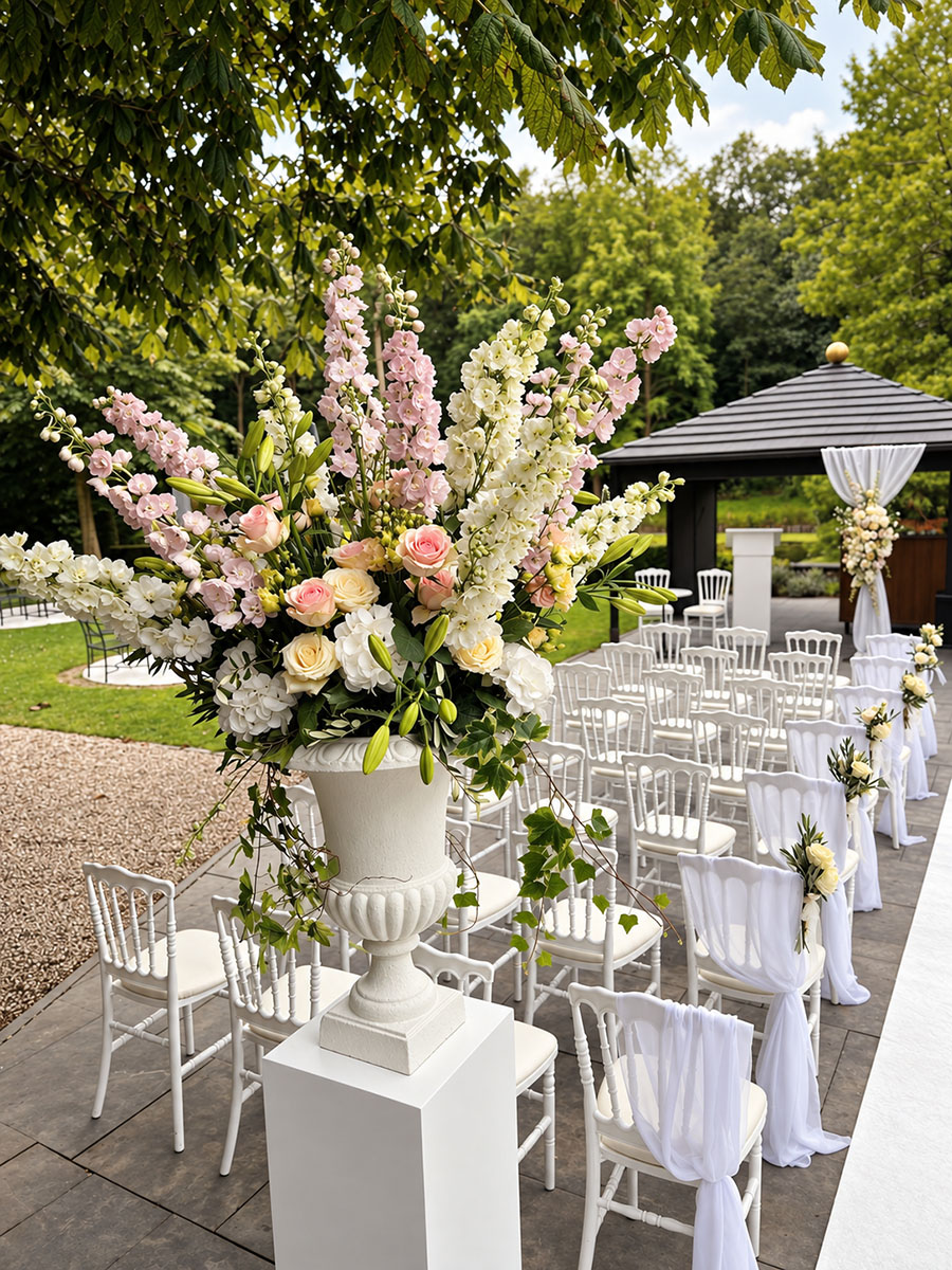 Luxe ceremoniebloemen met witte stoelen voor een bruiloft door Hosman Utrecht