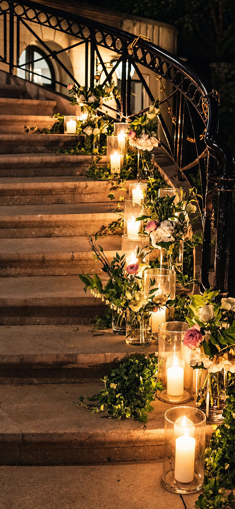 Romantische trap met kaarsen en trouwbloemen van Hosman Utrecht